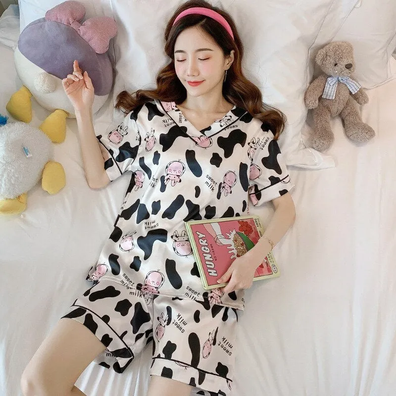 Wenkouban Women's Summer Thin Ice Silk Pajamas Short-Sleeved Korean Version Cute Silk Student Cartoon Home Clothes Two-Piece Suit
