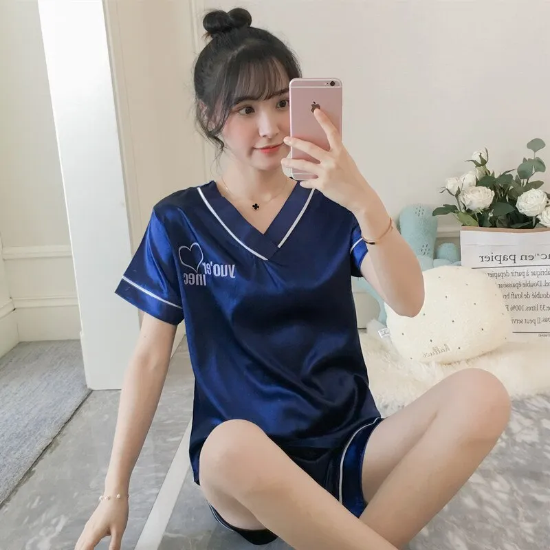Wenkouban Women's Summer Thin Ice Silk Pajamas Short-Sleeved Korean Version Cute Silk Student Cartoon Home Clothes Two-Piece Suit