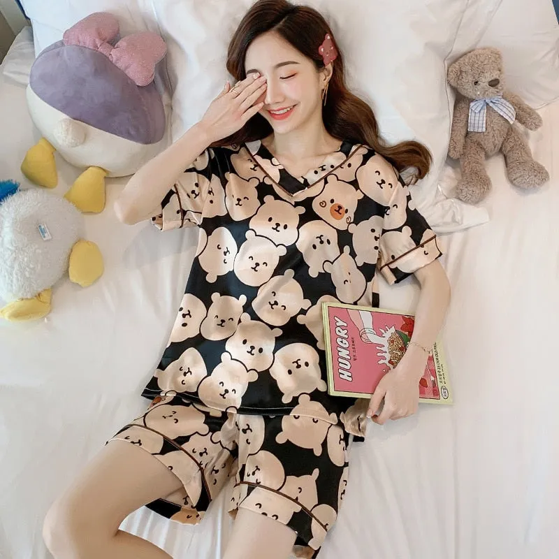 Wenkouban Women's Summer Thin Ice Silk Pajamas Short-Sleeved Korean Version Cute Silk Student Cartoon Home Clothes Two-Piece Suit