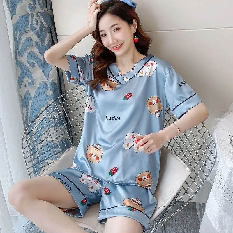 Wenkouban Women's Summer Thin Ice Silk Pajamas Short-Sleeved Korean Version Cute Silk Student Cartoon Home Clothes Two-Piece Suit