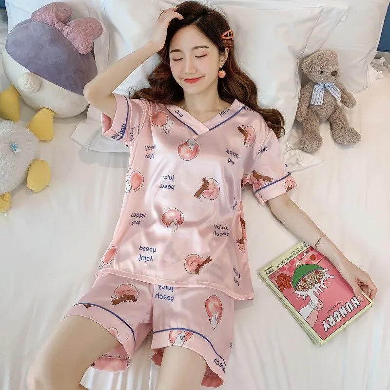 Wenkouban Women's Summer Thin Ice Silk Pajamas Short-Sleeved Korean Version Cute Silk Student Cartoon Home Clothes Two-Piece Suit