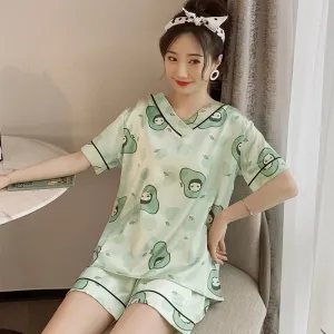 Wenkouban Women's Summer Thin Ice Silk Pajamas Short-Sleeved Korean Version Cute Silk Student Cartoon Home Clothes Two-Piece Suit