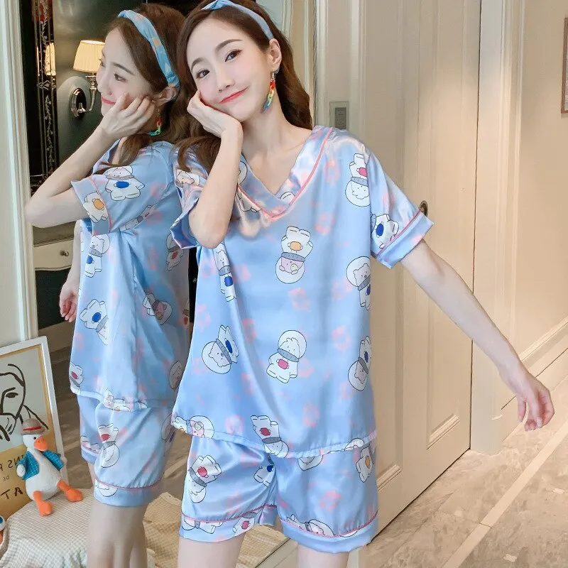 Wenkouban Women's Summer Thin Ice Silk Pajamas Short-Sleeved Korean Version Cute Silk Student Cartoon Home Clothes Two-Piece Suit
