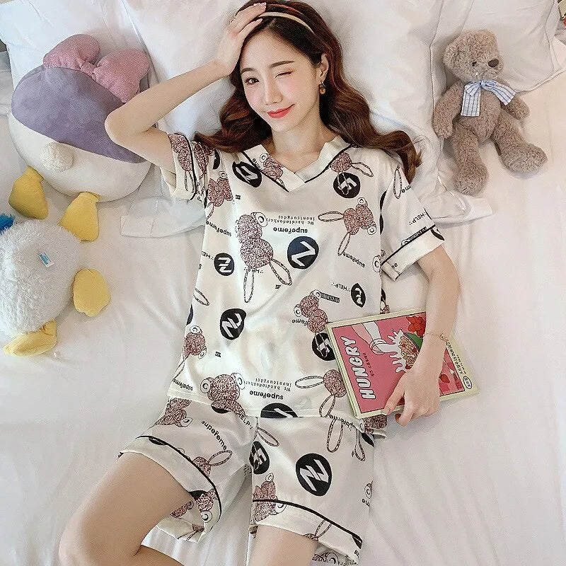 Wenkouban Women's Summer Thin Ice Silk Pajamas Short-Sleeved Korean Version Cute Silk Student Cartoon Home Clothes Two-Piece Suit