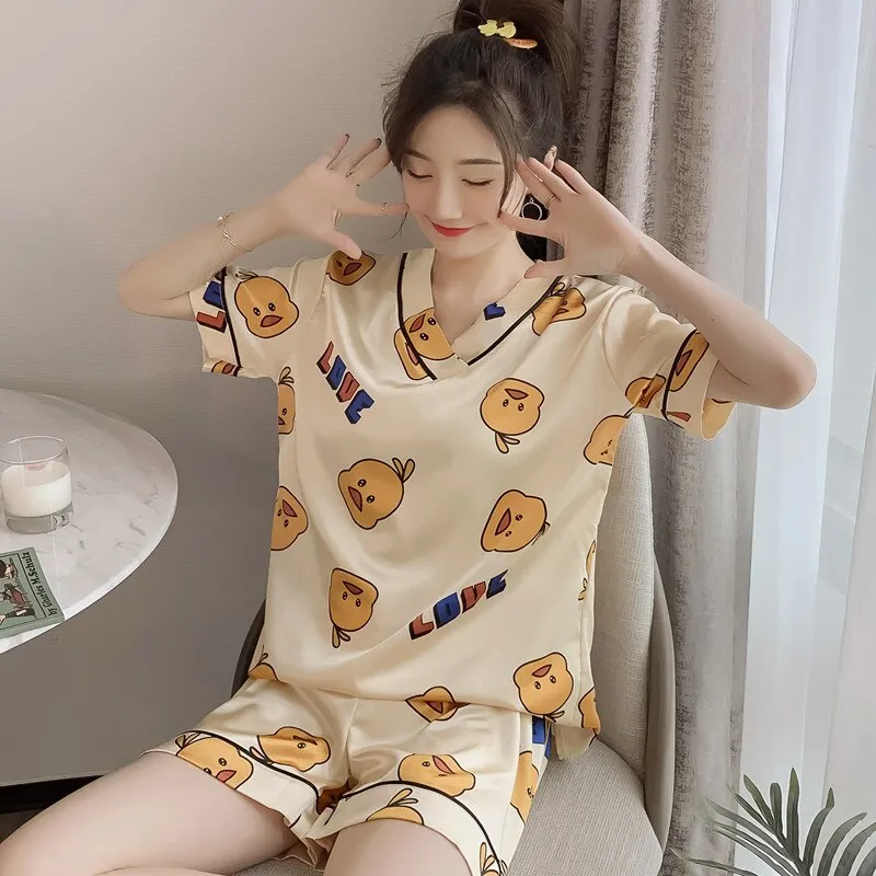 Wenkouban Women's Summer Thin Ice Silk Pajamas Short-Sleeved Korean Version Cute Silk Student Cartoon Home Clothes Two-Piece Suit