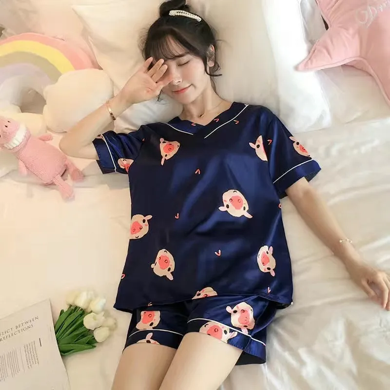 Wenkouban Women's Summer Thin Ice Silk Pajamas Short-Sleeved Korean Version Cute Silk Student Cartoon Home Clothes Two-Piece Suit