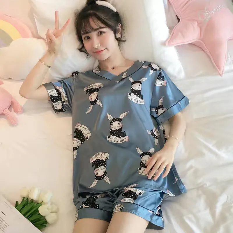 Wenkouban Women's Summer Thin Ice Silk Pajamas Short-Sleeved Korean Version Cute Silk Student Cartoon Home Clothes Two-Piece Suit