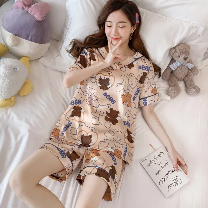 Wenkouban Women's Summer Thin Ice Silk Pajamas Short-Sleeved Korean Version Cute Silk Student Cartoon Home Clothes Two-Piece Suit