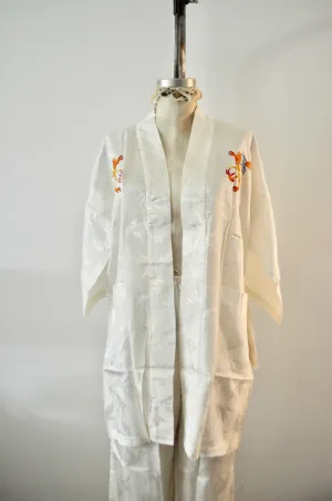 White Dragon Silk Brocade Pajama Set Pants and Kimono Sleepwear Street Wear Chic Style