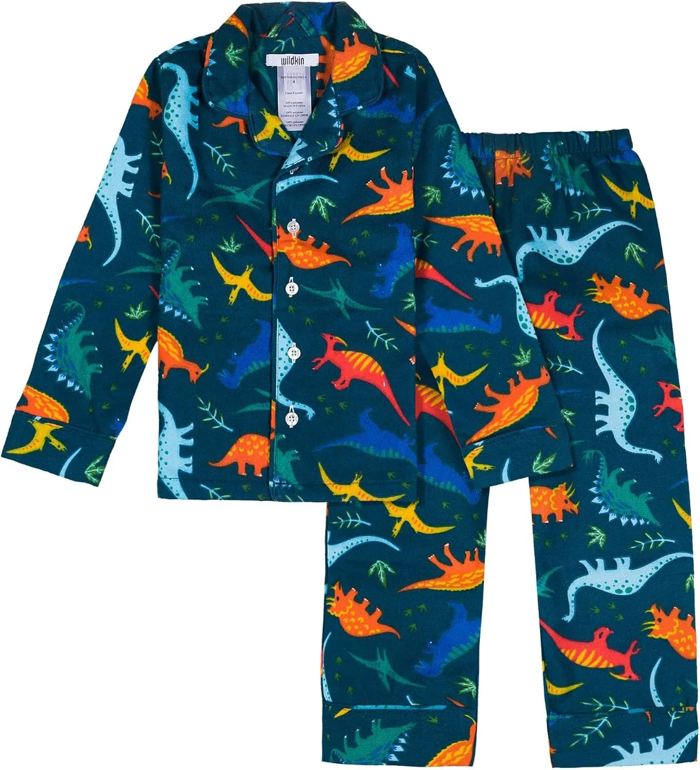 Wildkin Kids 2-Piece Button Down Pajama Set for Boys and Girls, 100% Polyester Flannel Fabric Pajama Set for Kids, Features Classic Button Closure Design, Size 2T (Jurassic Dinosaurs)