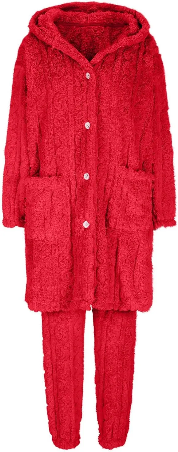 Winter Pajama Sets for Women 2 Piece Fuzzy Hooded Pj sets Button Down Tops and Pajamas Pants Loungewear Sleepwear