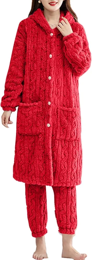Winter Pajama Sets for Women 2 Piece Fuzzy Hooded Pj sets Button Down Tops and Pajamas Pants Loungewear Sleepwear