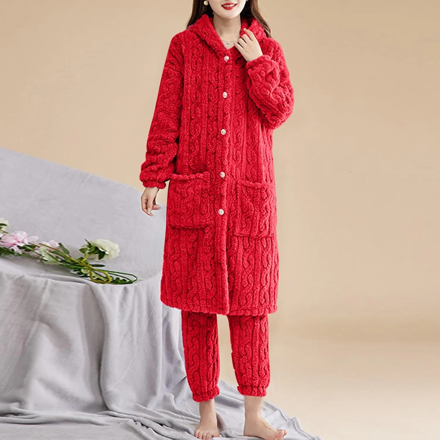 Winter Pajama Sets for Women 2 Piece Fuzzy Hooded Pj sets Button Down Tops and Pajamas Pants Loungewear Sleepwear
