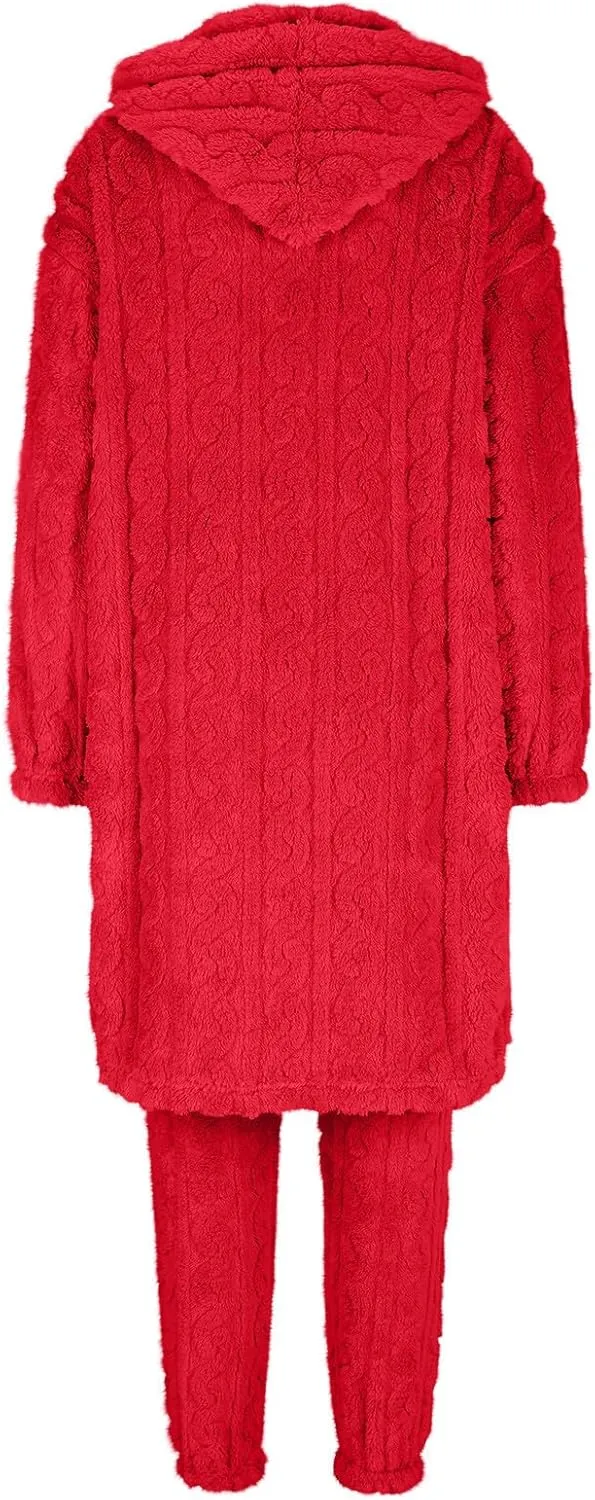 Winter Pajama Sets for Women 2 Piece Fuzzy Hooded Pj sets Button Down Tops and Pajamas Pants Loungewear Sleepwear