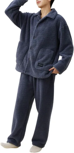 Winter Pajamas For Men Fleece Warm Thick Button Up Long Sleeve Pjs Lounge Pants Soft Home Loungewear Sleepwear