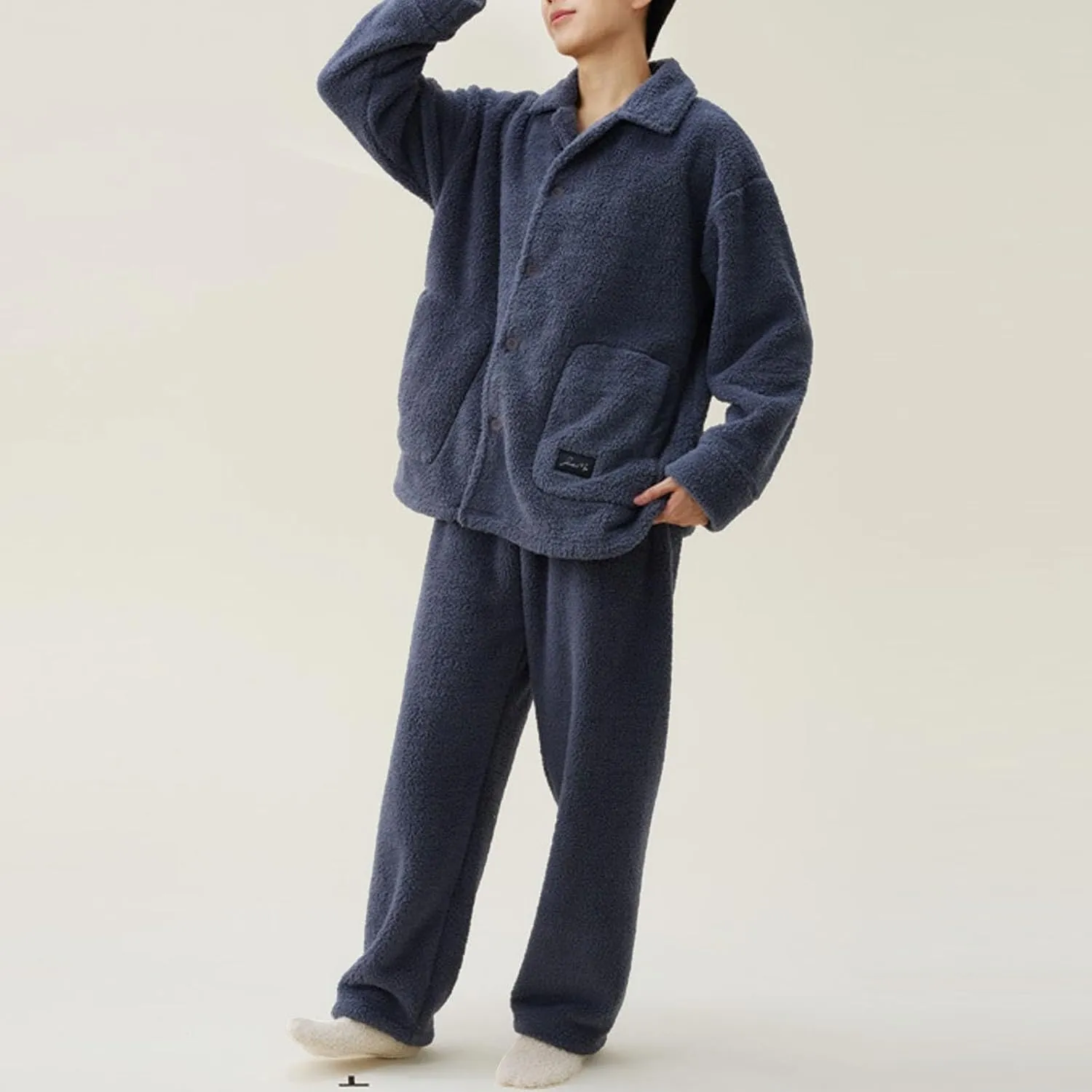 Winter Pajamas For Men Fleece Warm Thick Button Up Long Sleeve Pjs Lounge Pants Soft Home Loungewear Sleepwear