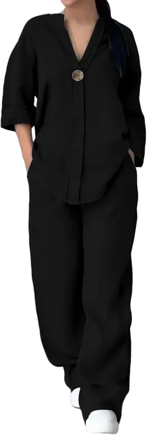 Women 2 Piece Cotton Linen Outfits Lightweight 3/4 Sleeve Crewneck Tunic Tops High Waist Long Pants Sets