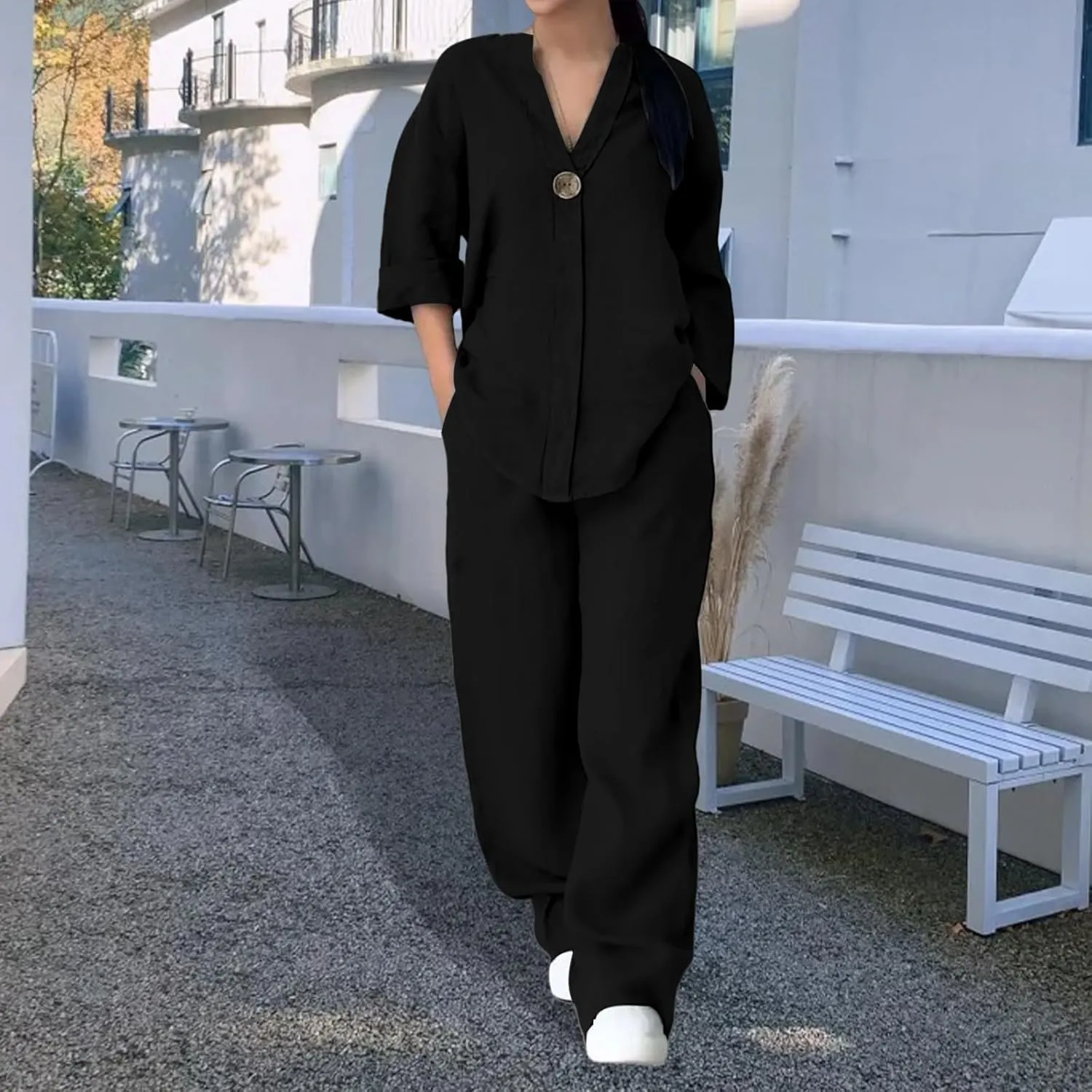 Women 2 Piece Cotton Linen Outfits Lightweight 3/4 Sleeve Crewneck Tunic Tops High Waist Long Pants Sets