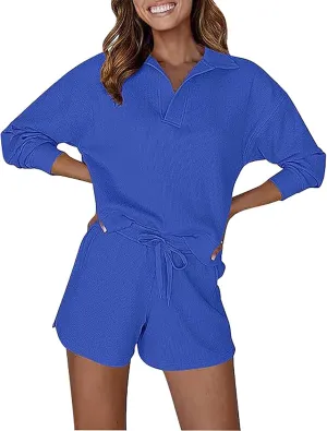 Women 2 Piece Outfits Waffle Tracksuit Half Lapel Long Sleeve Sweatshirt Tops Drawstring Shorts Workout Lounge Set