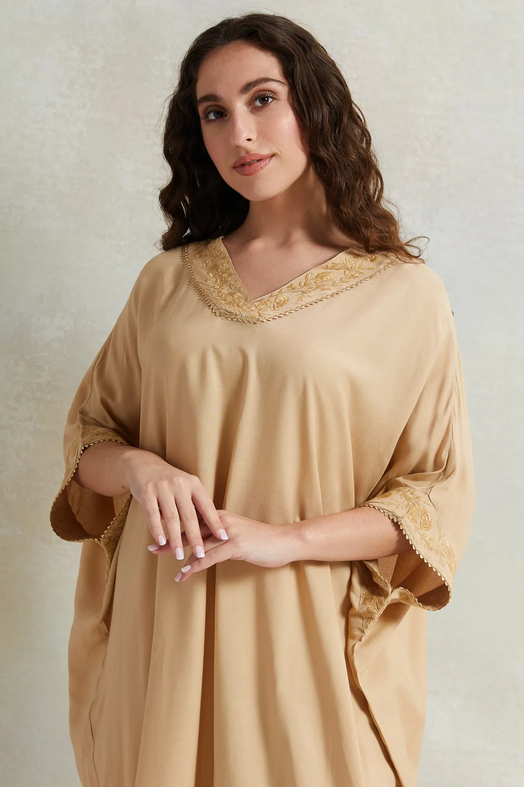 Women Beige Embroidery Kaftan Nightgown