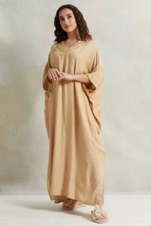 Women Beige Embroidery Kaftan Nightgown