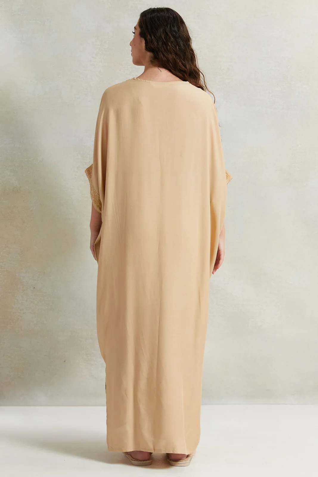 Women Beige Embroidery Kaftan Nightgown