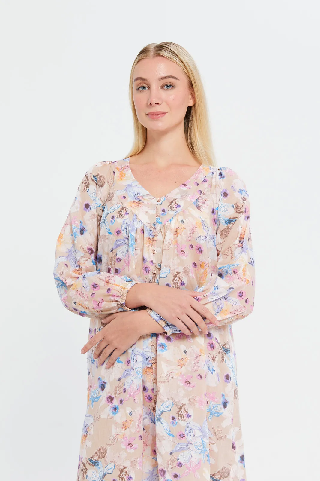 Women Beige Floral Print Nightgown