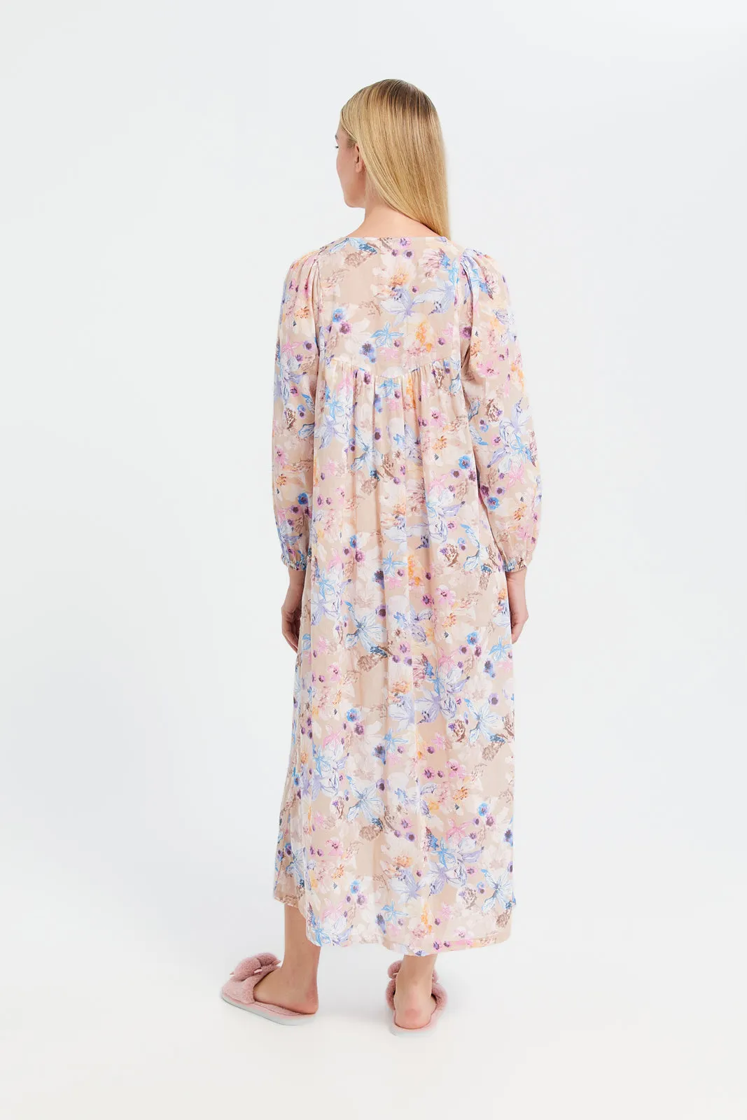 Women Beige Floral Print Nightgown