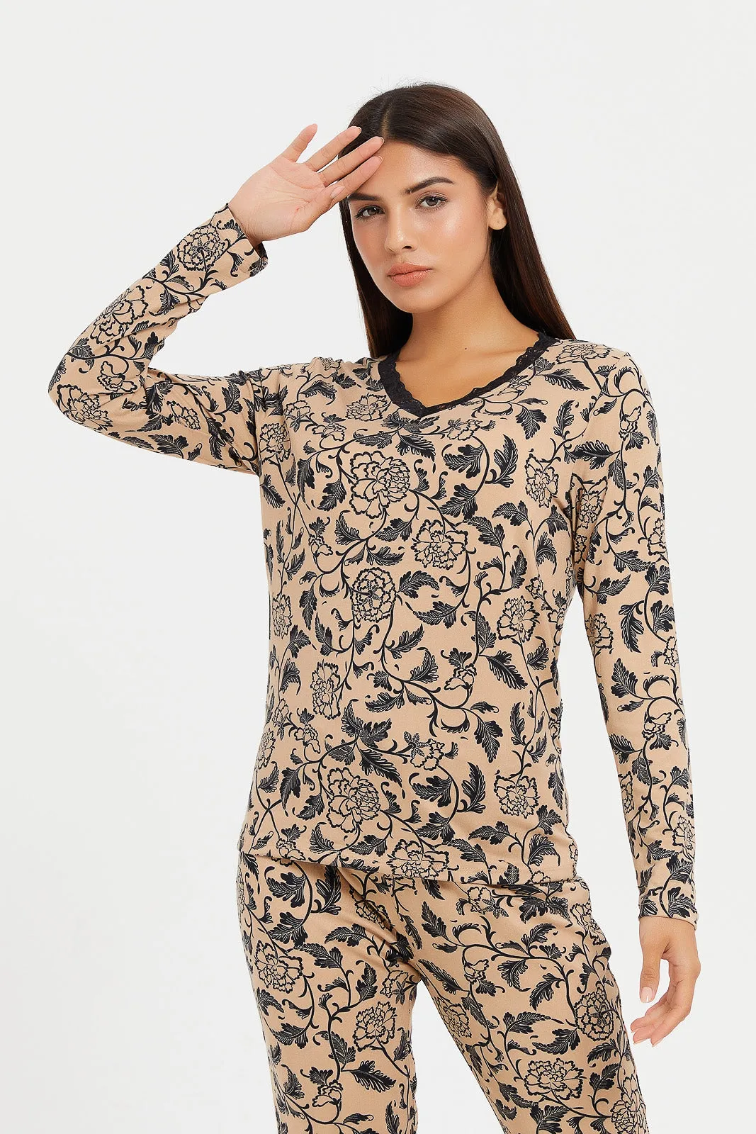 Women Beige Printed Pyjama Set (2 Piece)