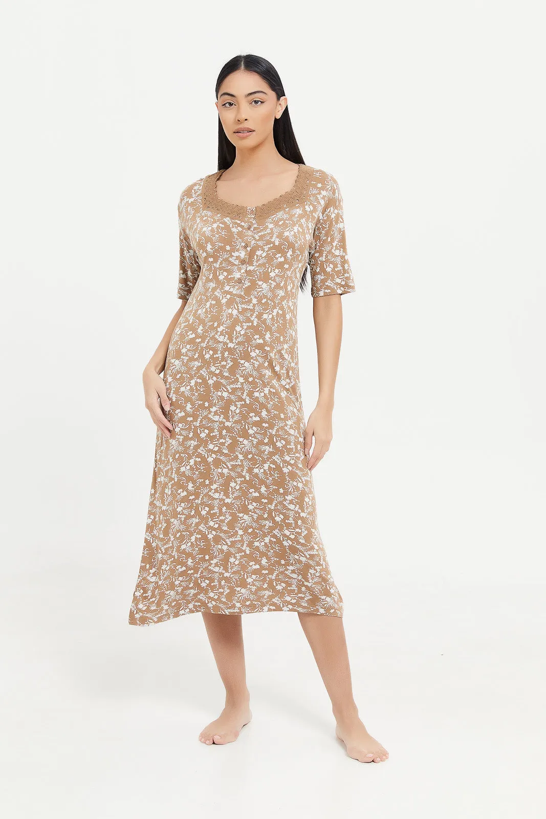 Women Beige Printed Short Sleeves Nightgown