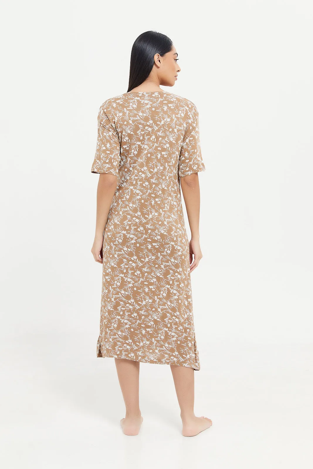 Women Beige Printed Short Sleeves Nightgown