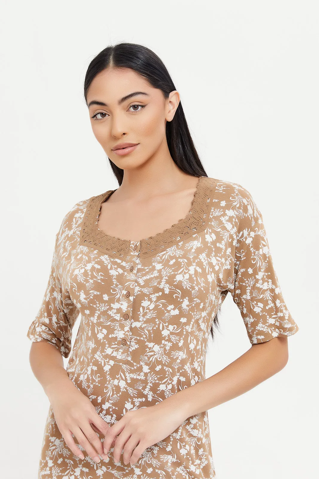 Women Beige Printed Short Sleeves Nightgown