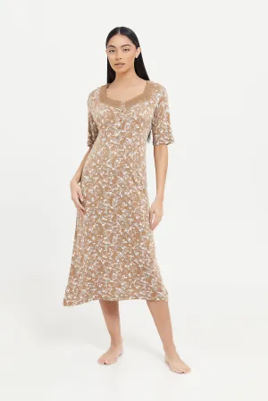 Women Beige Printed Short Sleeves Nightgown