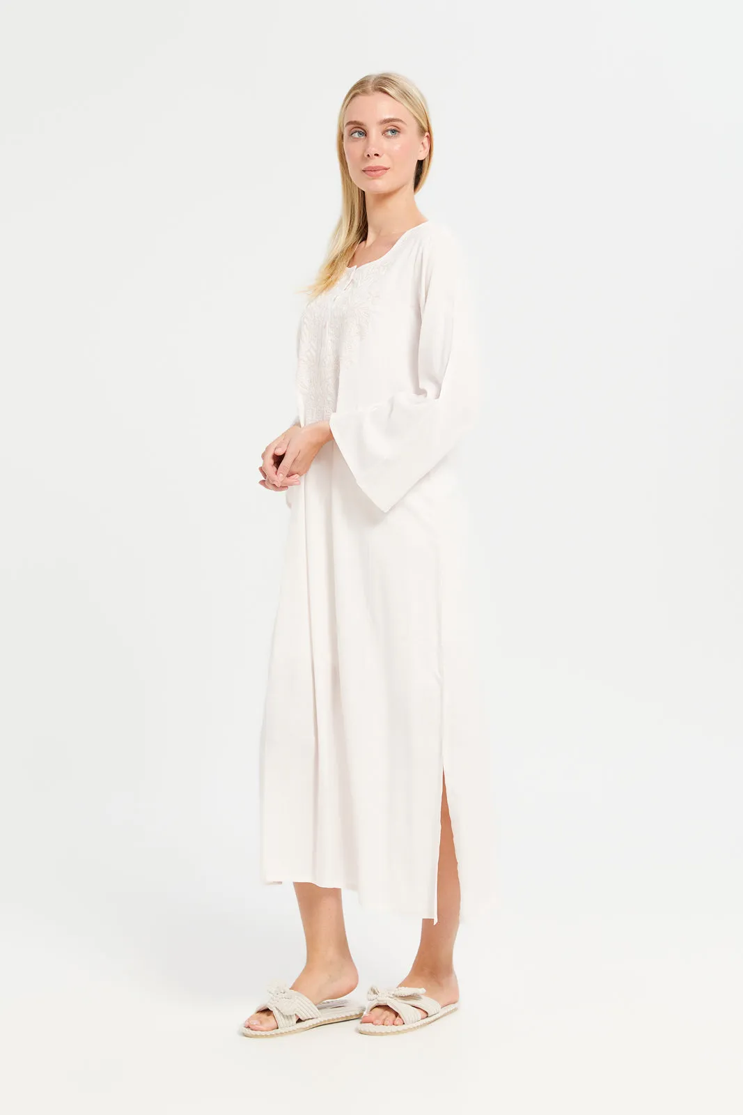 Women Beige Solid Embroidery Nightgown