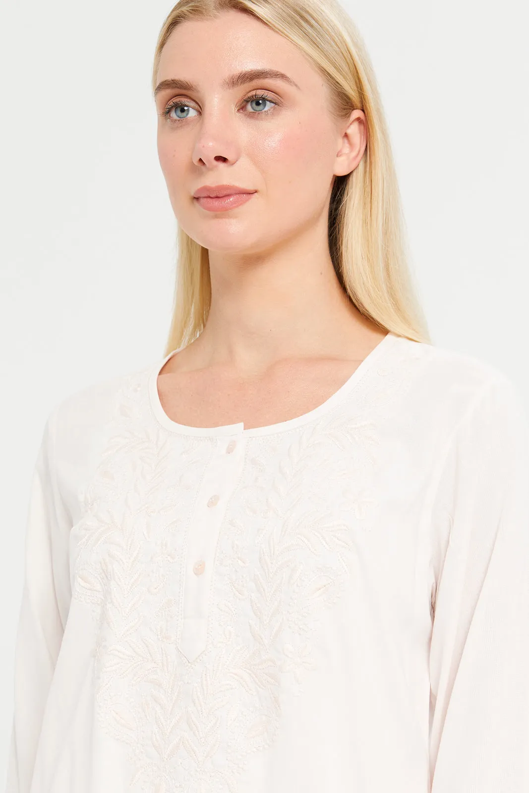 Women Beige Solid Embroidery Nightgown