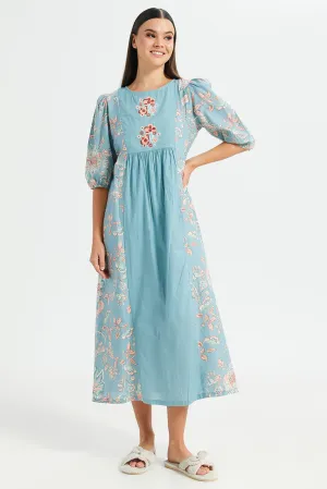 Women Blue Front Embroidery Print Nightgown