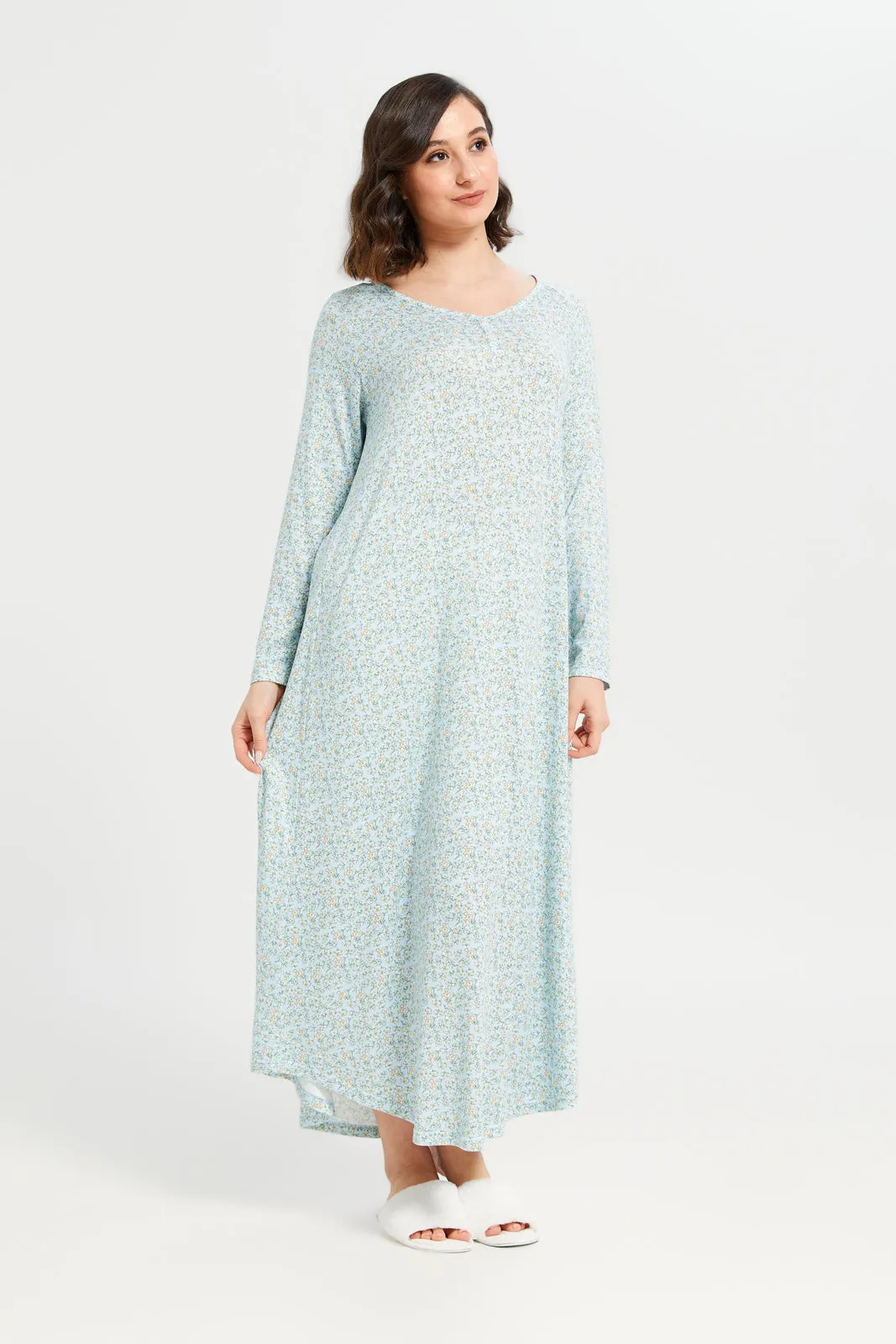 Women Blue Printed Long Sleeve Nightgown