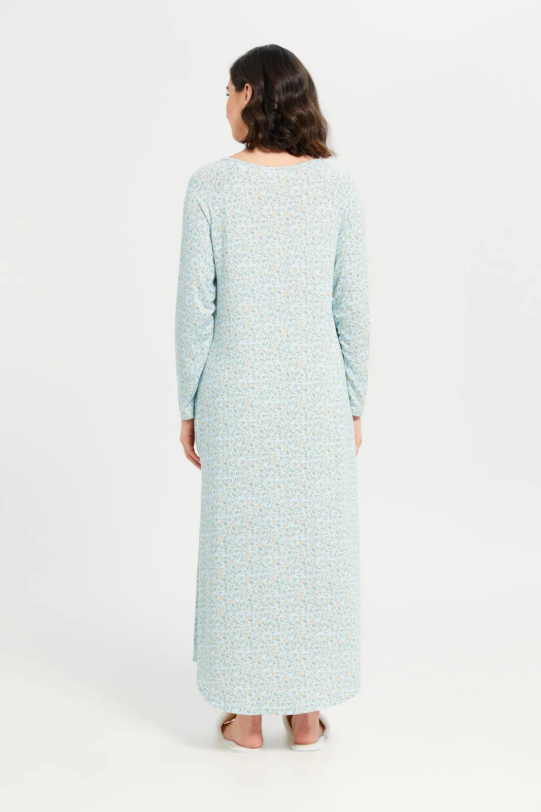 Women Blue Printed Long Sleeve Nightgown