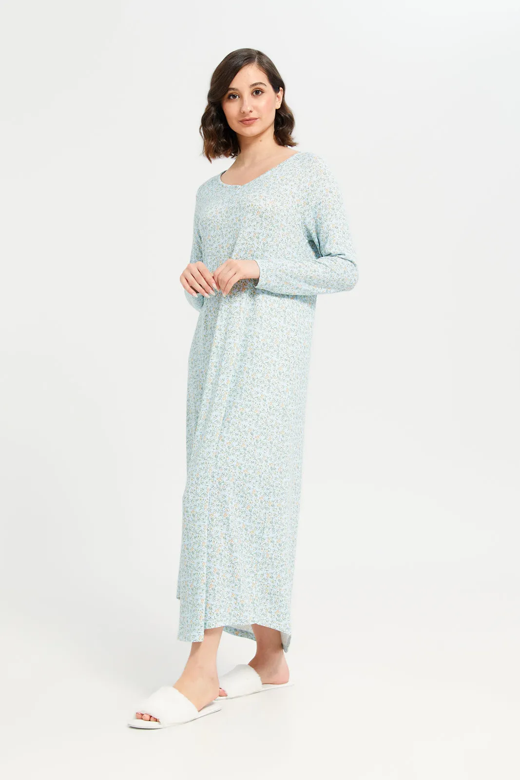 Women Blue Printed Long Sleeve Nightgown