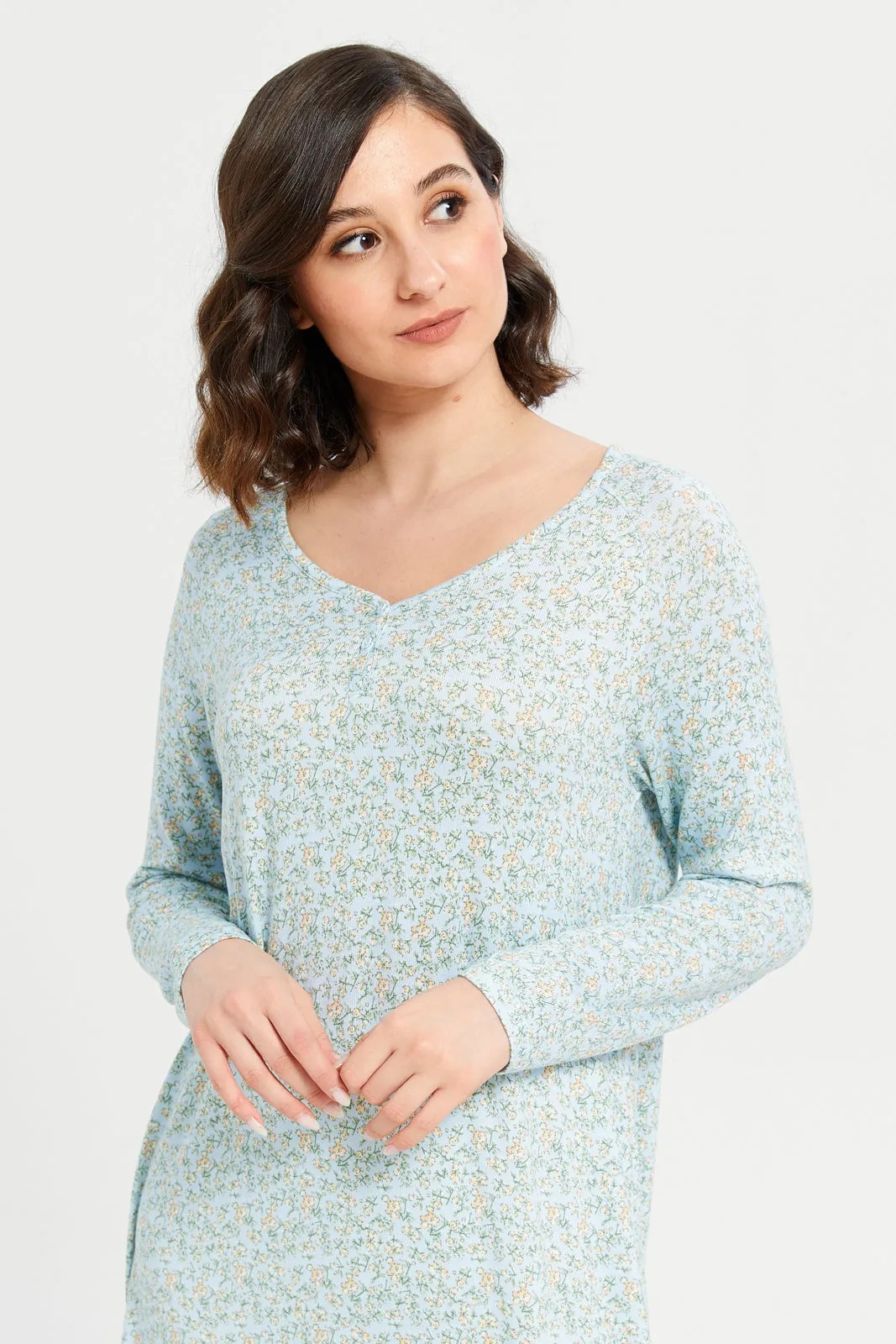 Women Blue Printed Long Sleeve Nightgown