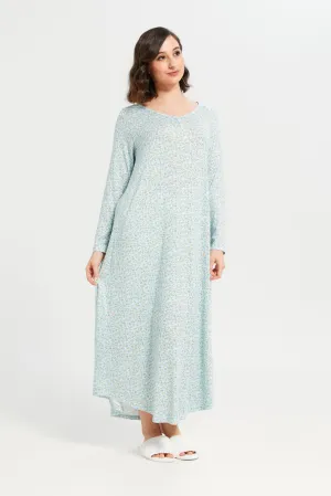 Women Blue Printed Long Sleeve Nightgown
