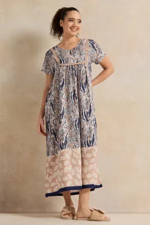 Women Brown And Blue Palm Print Nightgown