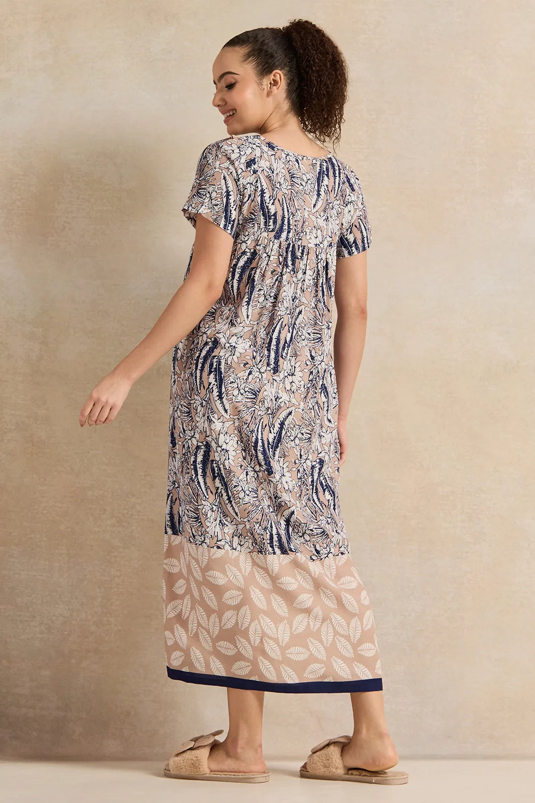 Women Brown And Blue Palm Print Nightgown