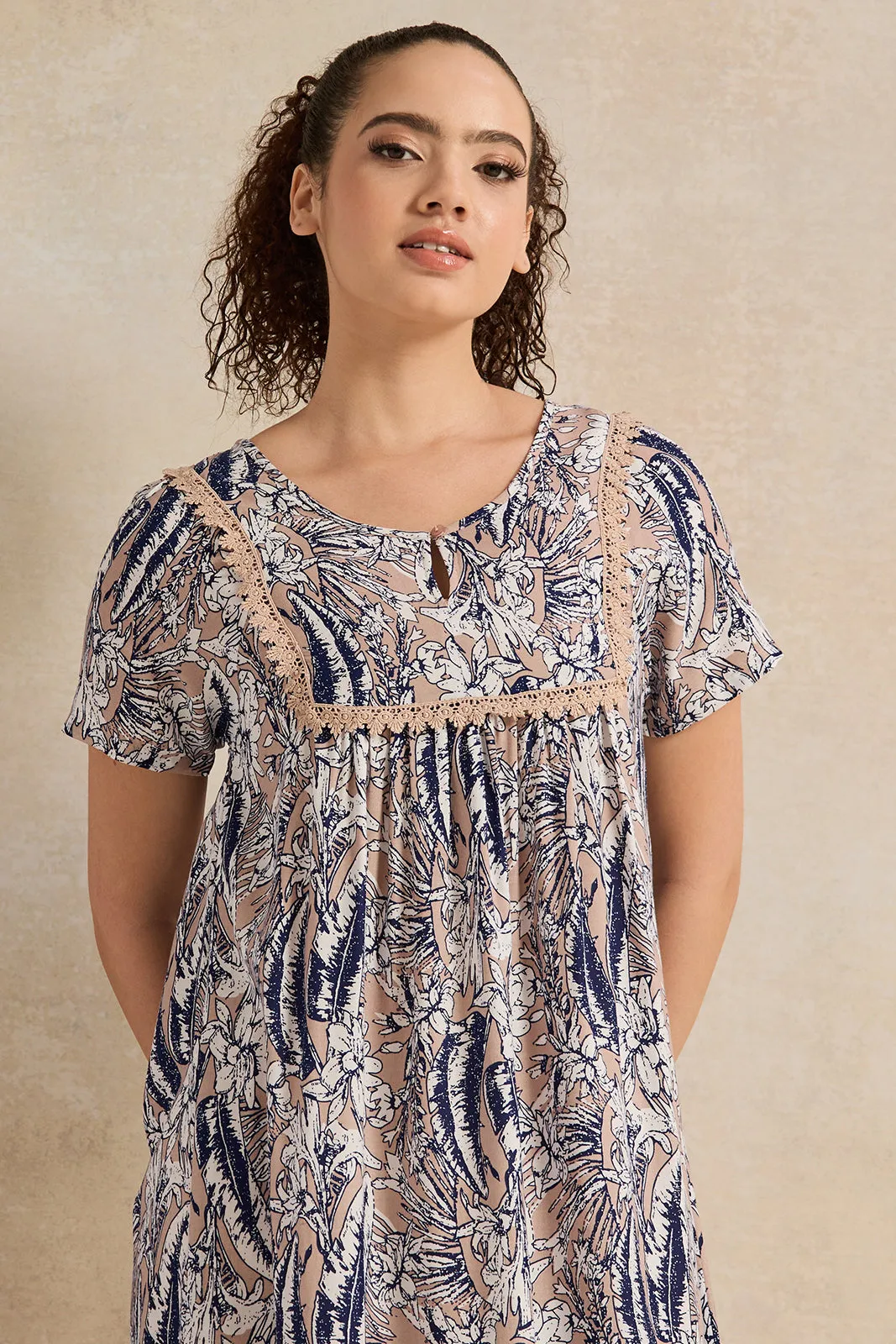 Women Brown And Blue Palm Print Nightgown