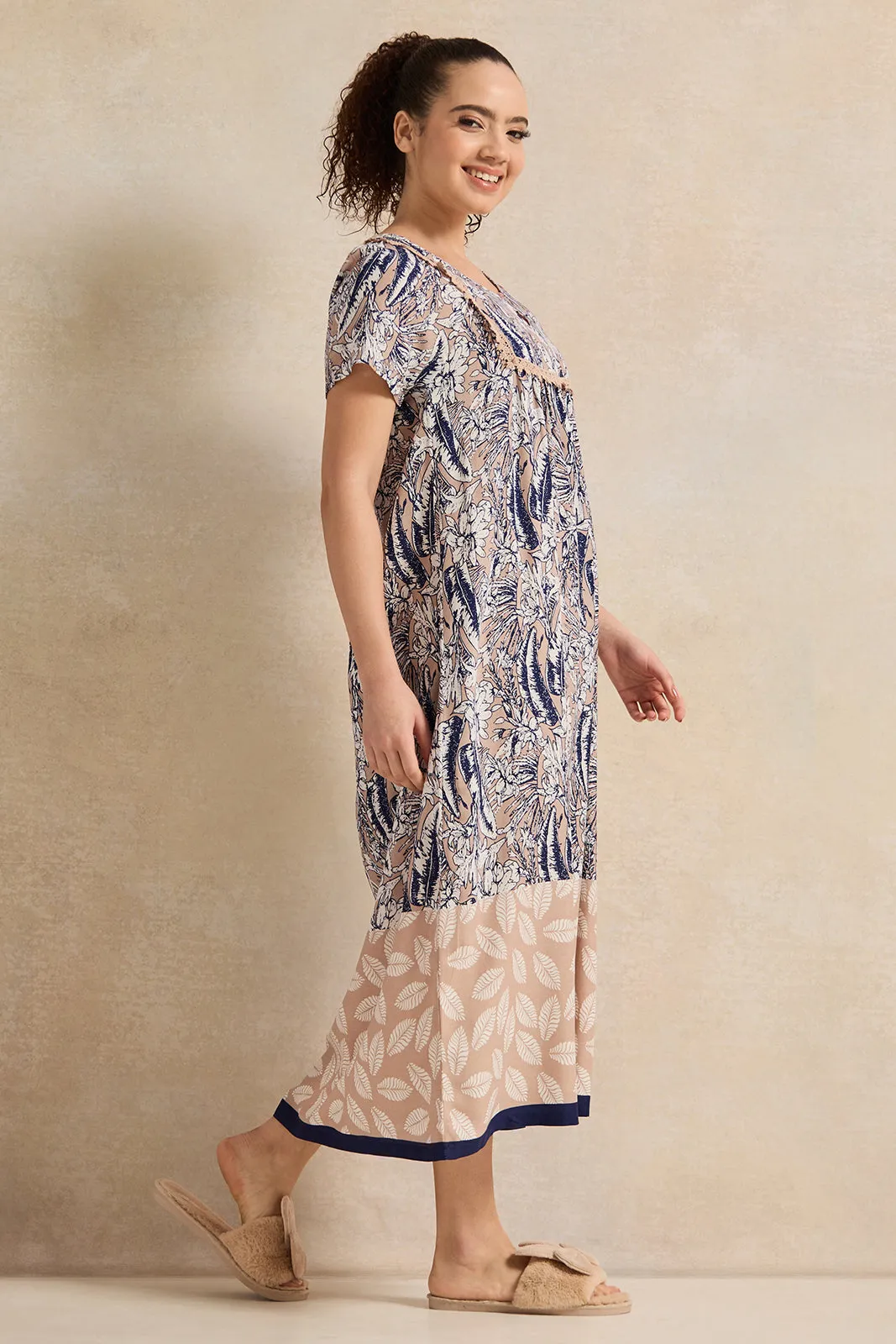 Women Brown And Blue Palm Print Nightgown