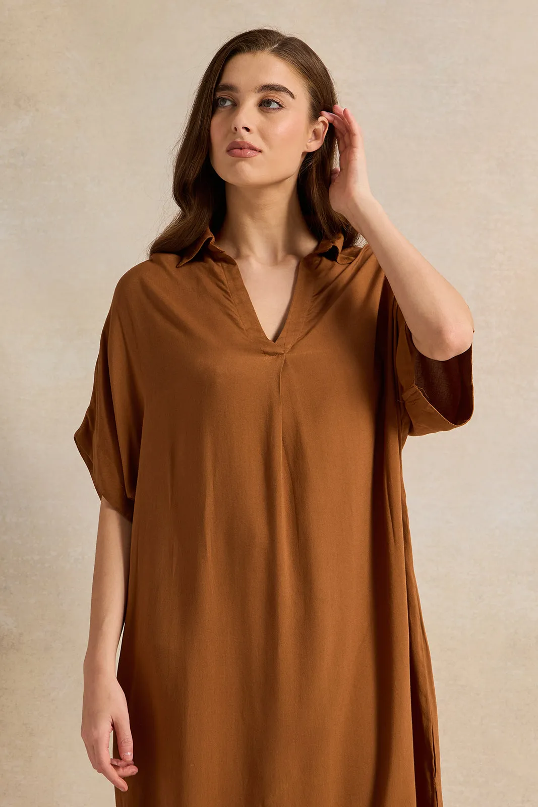 Women Brown Plain Kaftan Sleeves Nightgown