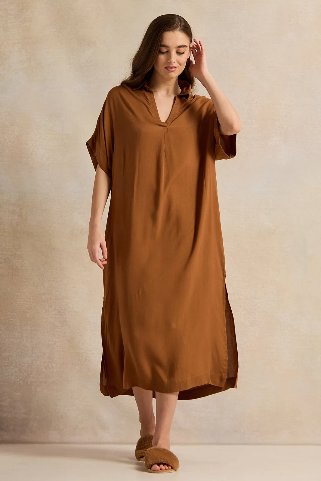 Women Brown Plain Kaftan Sleeves Nightgown