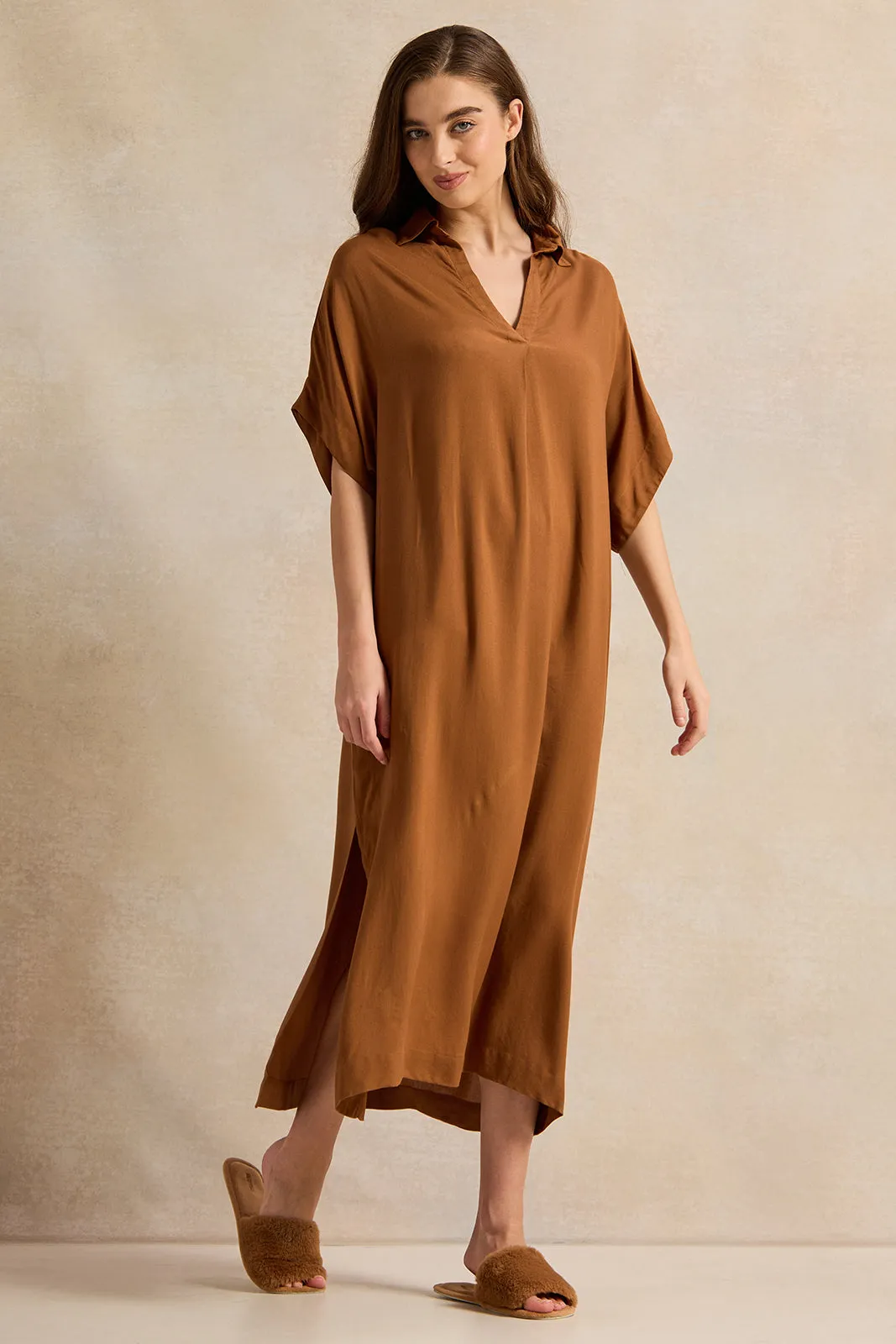 Women Brown Plain Kaftan Sleeves Nightgown