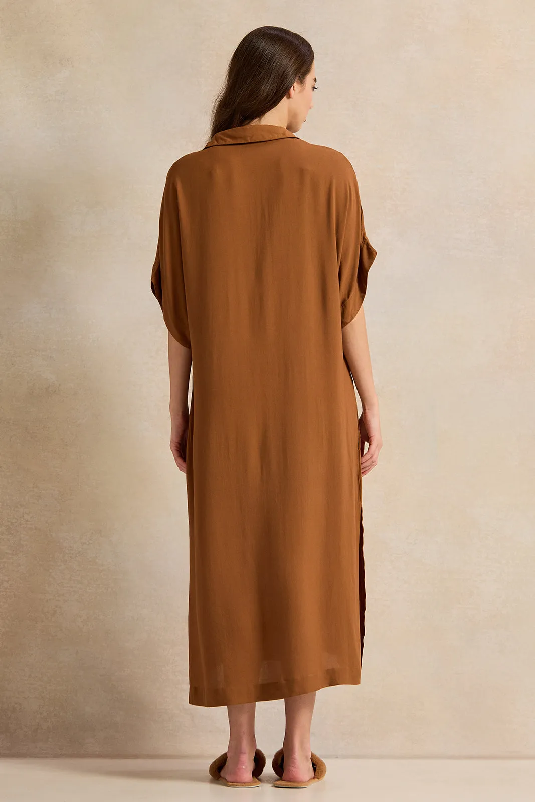 Women Brown Plain Kaftan Sleeves Nightgown