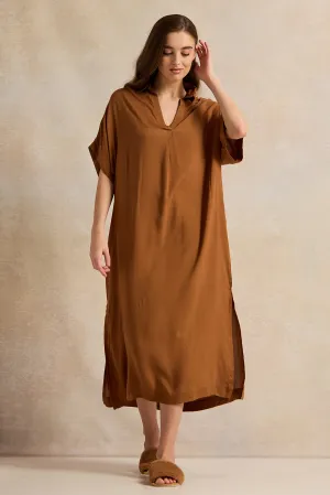Women Brown Plain Kaftan Sleeves Nightgown